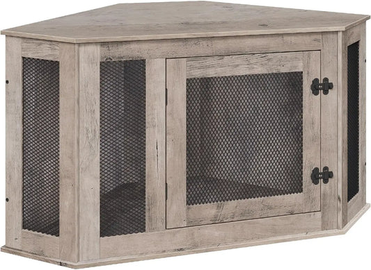 Corner Dog Crate Furniture, Wooden Kennel End Table for Small Medium Dogs, Decorative Pet Cage Indoor Use, Greige Black