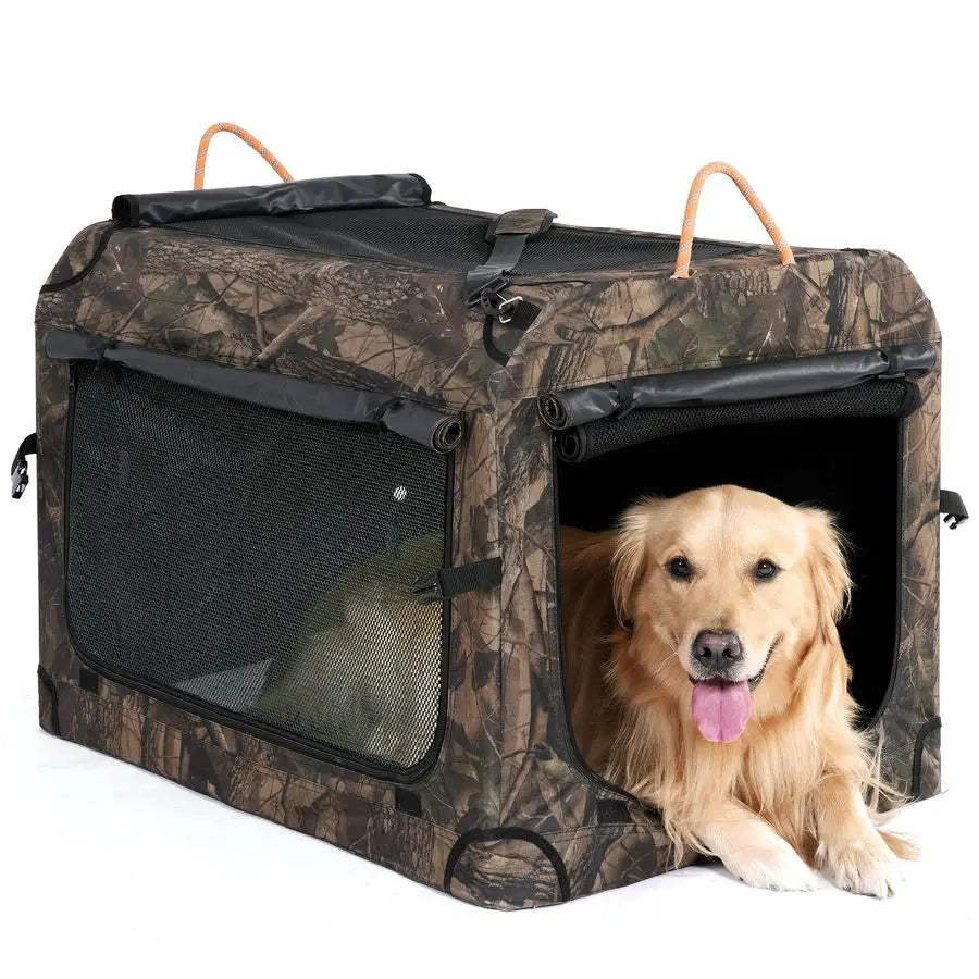 27.5 Inch Collapsible Dog Crate, Portable SoftSided Dog Travel Carrier Camouflage Style Pet Kennel 4Door with Durable Mesh Windo