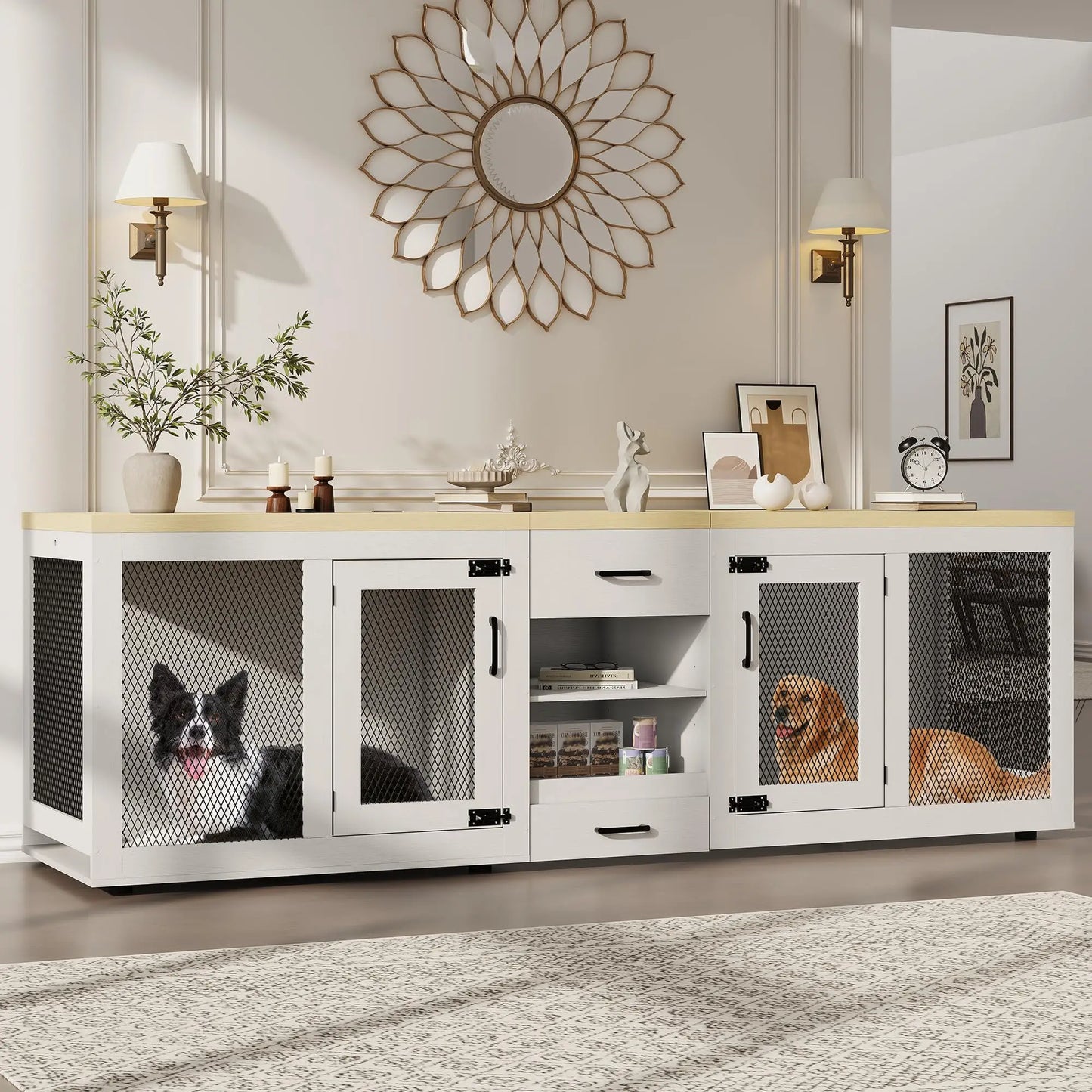91 Inch Large Double Dog Crate Furniture TV Stand With Feeding Station Storage Heavy Duty Kennel For 2 Dogs