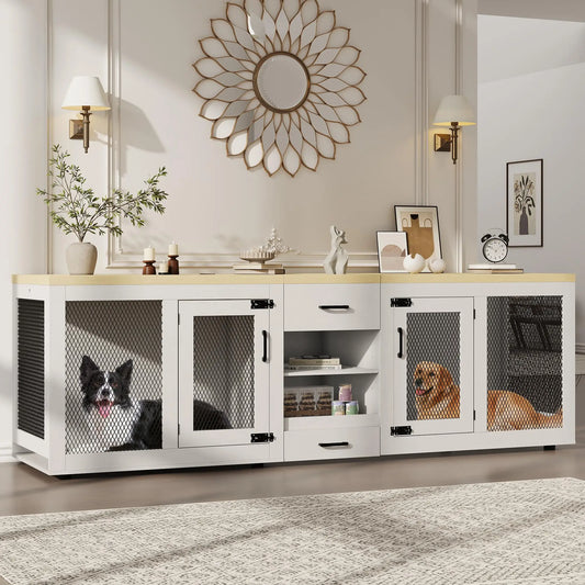 91 Inch Large Double Dog Crate Furniture TV Stand With Feeding Station Storage Heavy Duty Kennel For 2 Dogs