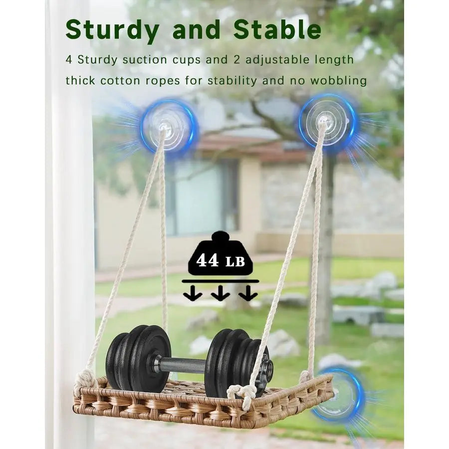 Window Perch Cat Window Hammock Bed for Indoor Cats, Large Handwoven PE Rattan Window Seat, 4 Suction Cups, Double Sided Washabl