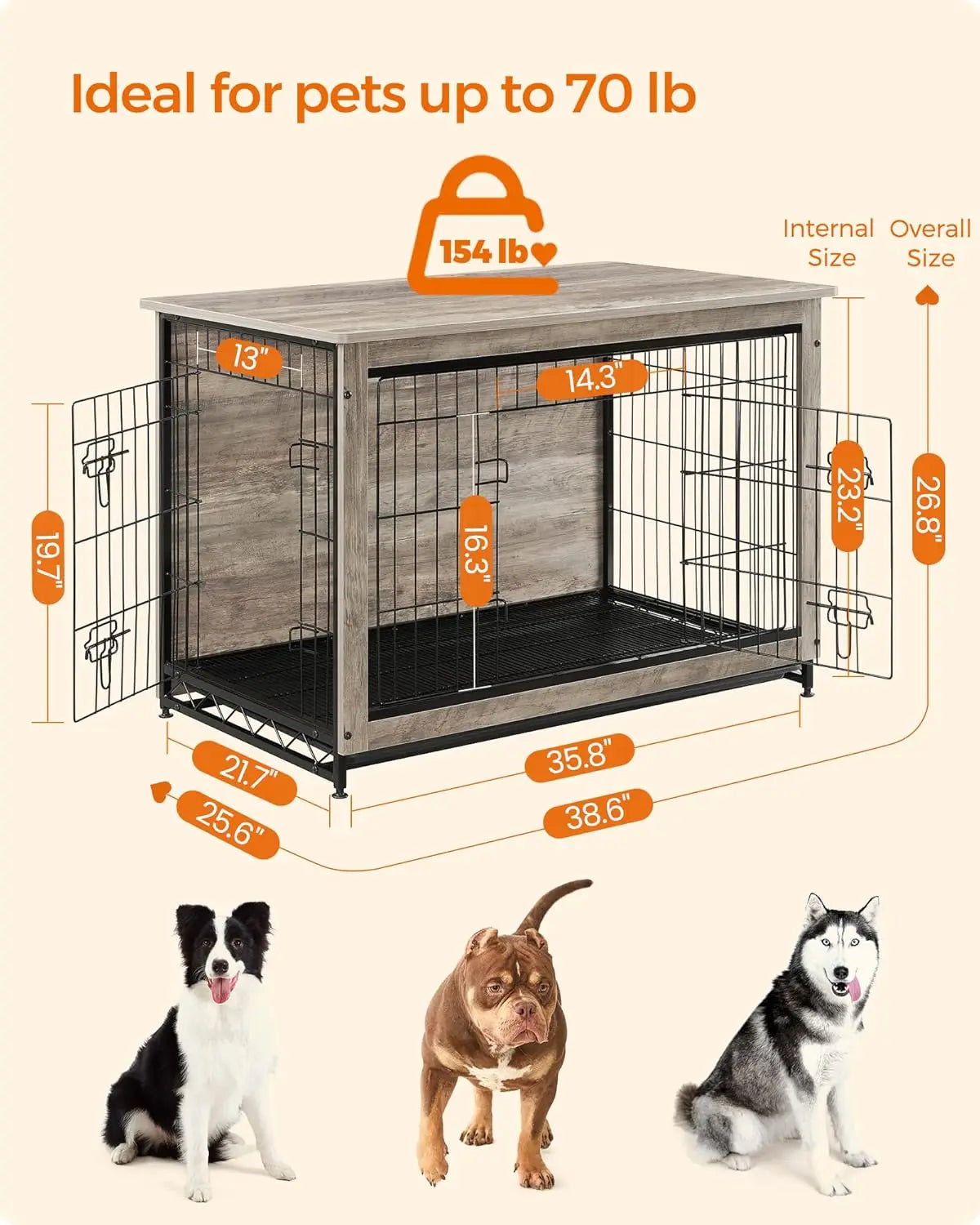 38.6" Dog Crate Furniture, Indoor Dog Cage Side End Table, XL Pet Wood Kennel for Large and Medium Dogs up to 70 lb, Customized