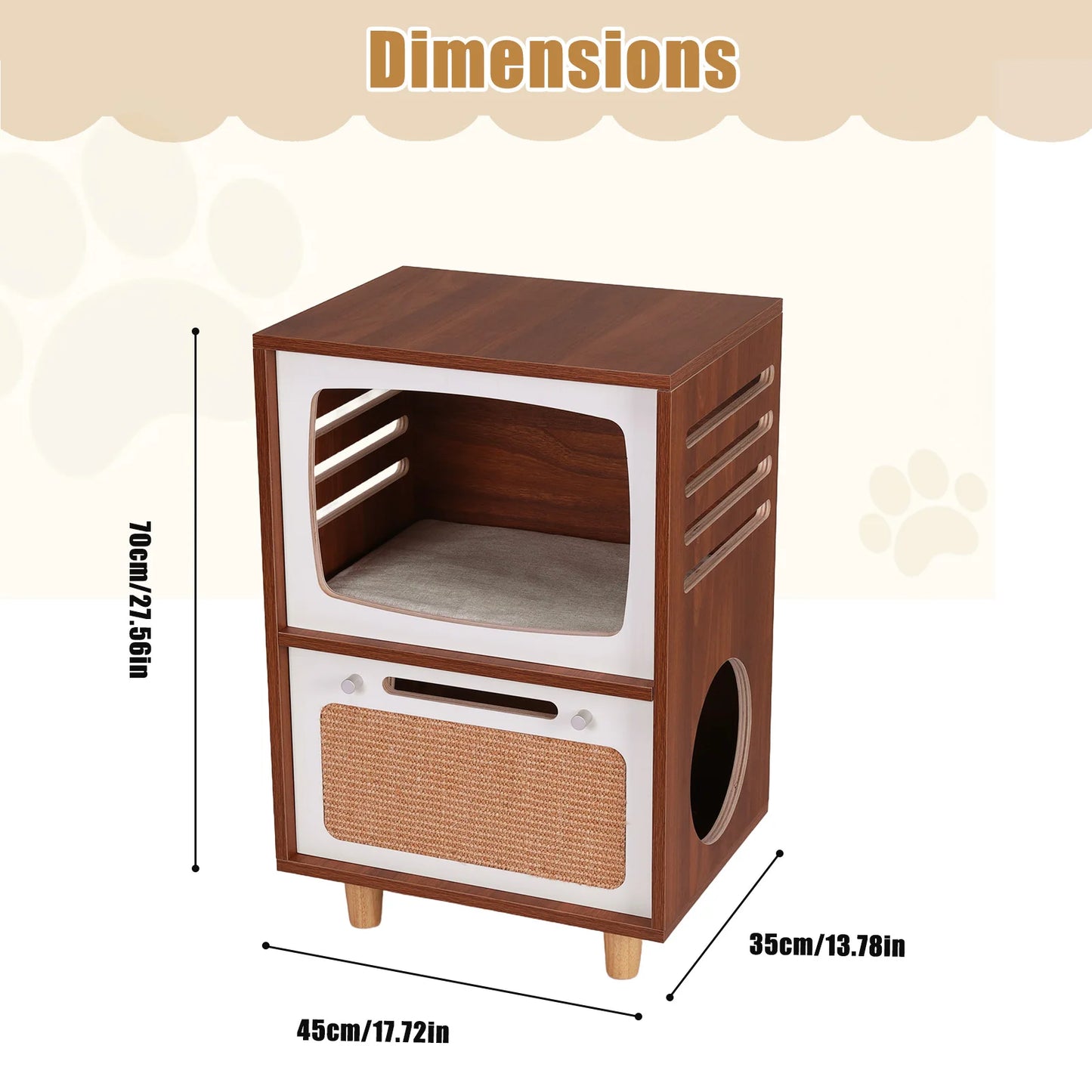 Retro TV-Style Wooden Cat House with Scratching Board Wood Bedside Table 2-In-1 2-Tier Cat Activity Center Gift for Pets