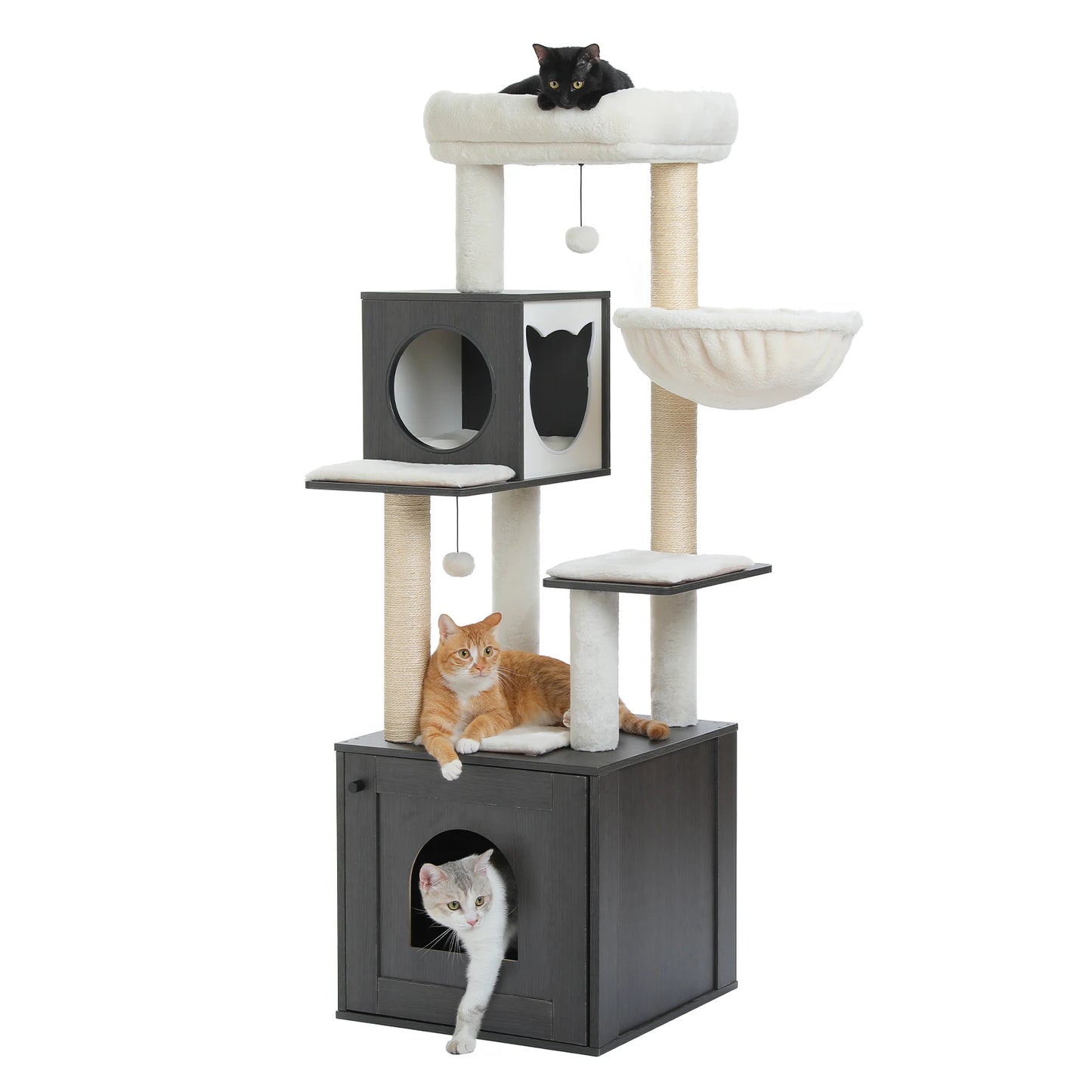 Wood Cat Tree with Storage Cabinet Sisal Scratching Posts Cozy Condo Hammock Dangling Balls Large Cat Tower for Indoor Cat Toys