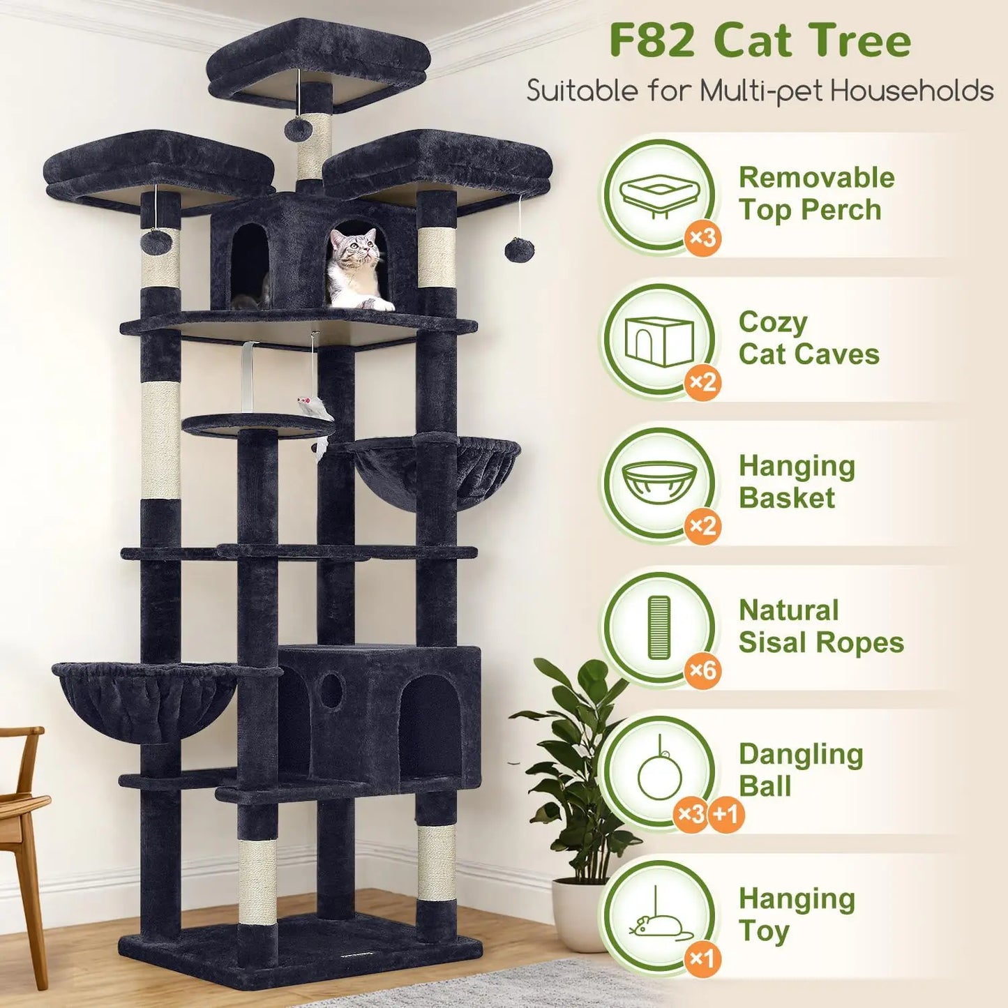 82-Inch Tall Cat Tree Tower for Multiple Adult Cats with Scratching Posts, Perches, Condos and Hanging Baskets, Dark Grey