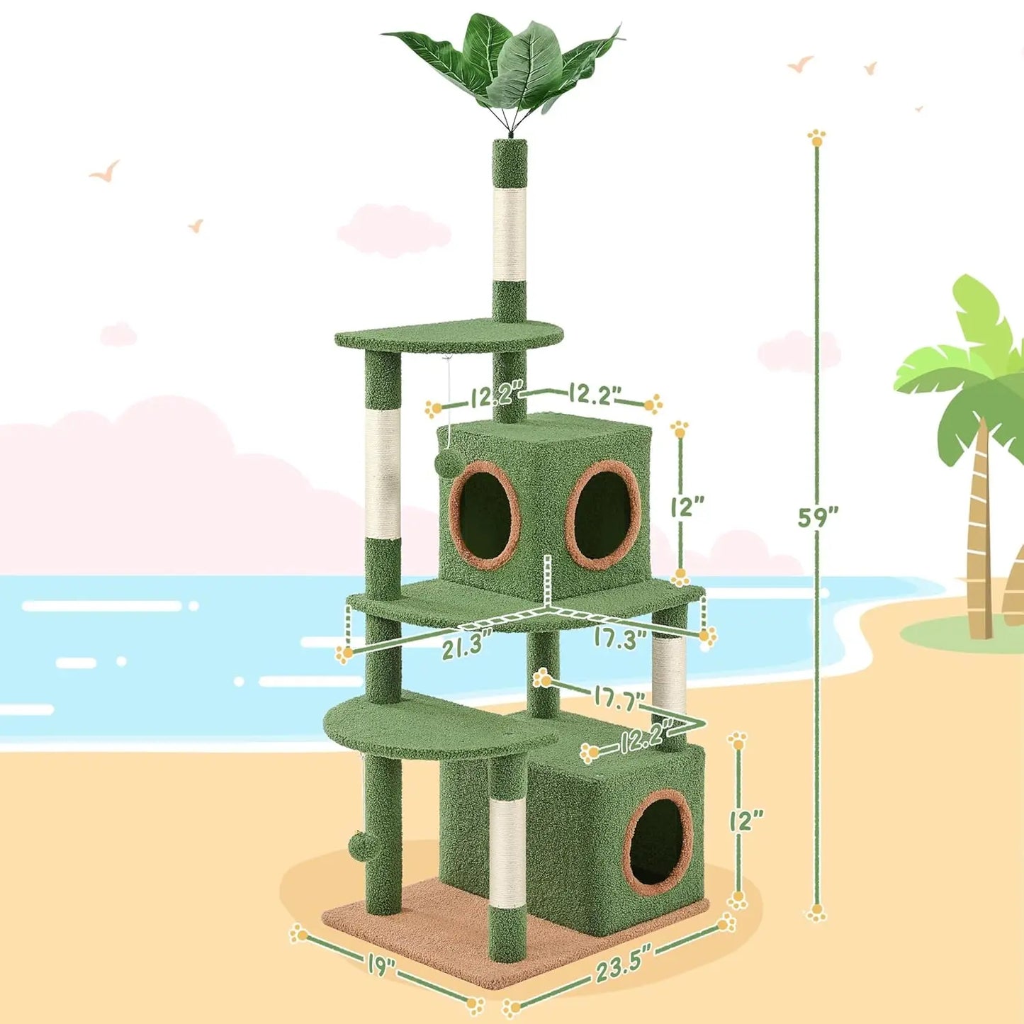 59in Cat Tree, Palm Leaf Cat Tower for Indoor Cats with Green Leaves, Cat Climbing Frame with Fluffy Balls Natural, Customized