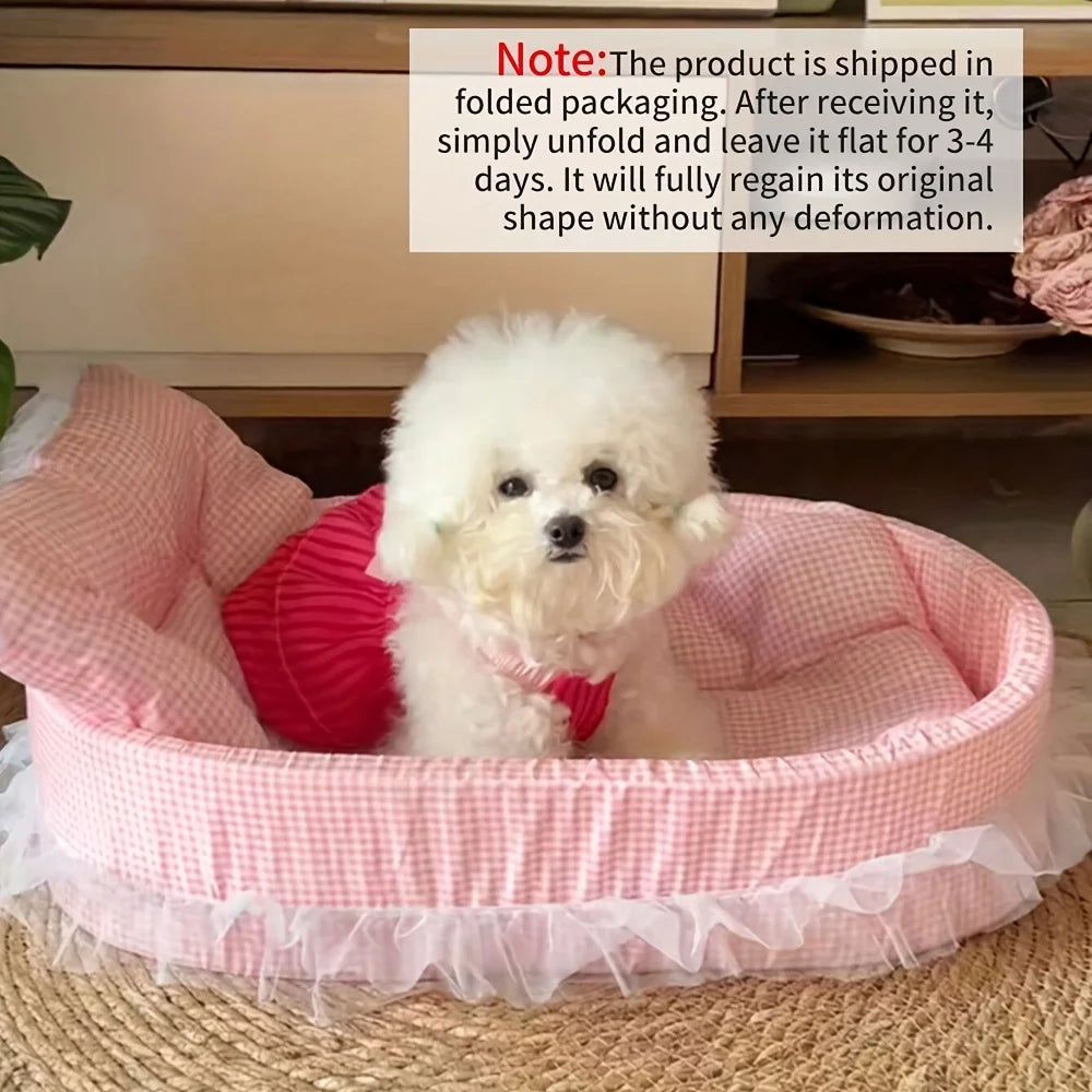 1set Cute Lace-Trimmed Pet Princess Bed For Winter - Soft Polyester Plush Oval for Small Dogs/Cats, Easy Assembly Indoor Use