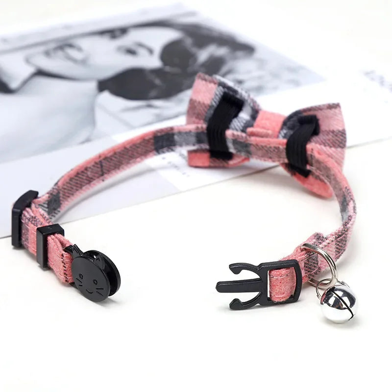 Pet Breakaway Cat Collar Bow Tie and Bell Cute Plaid Christmas Red Elastic Adjustable Collar With Sash Small Bell For Cats