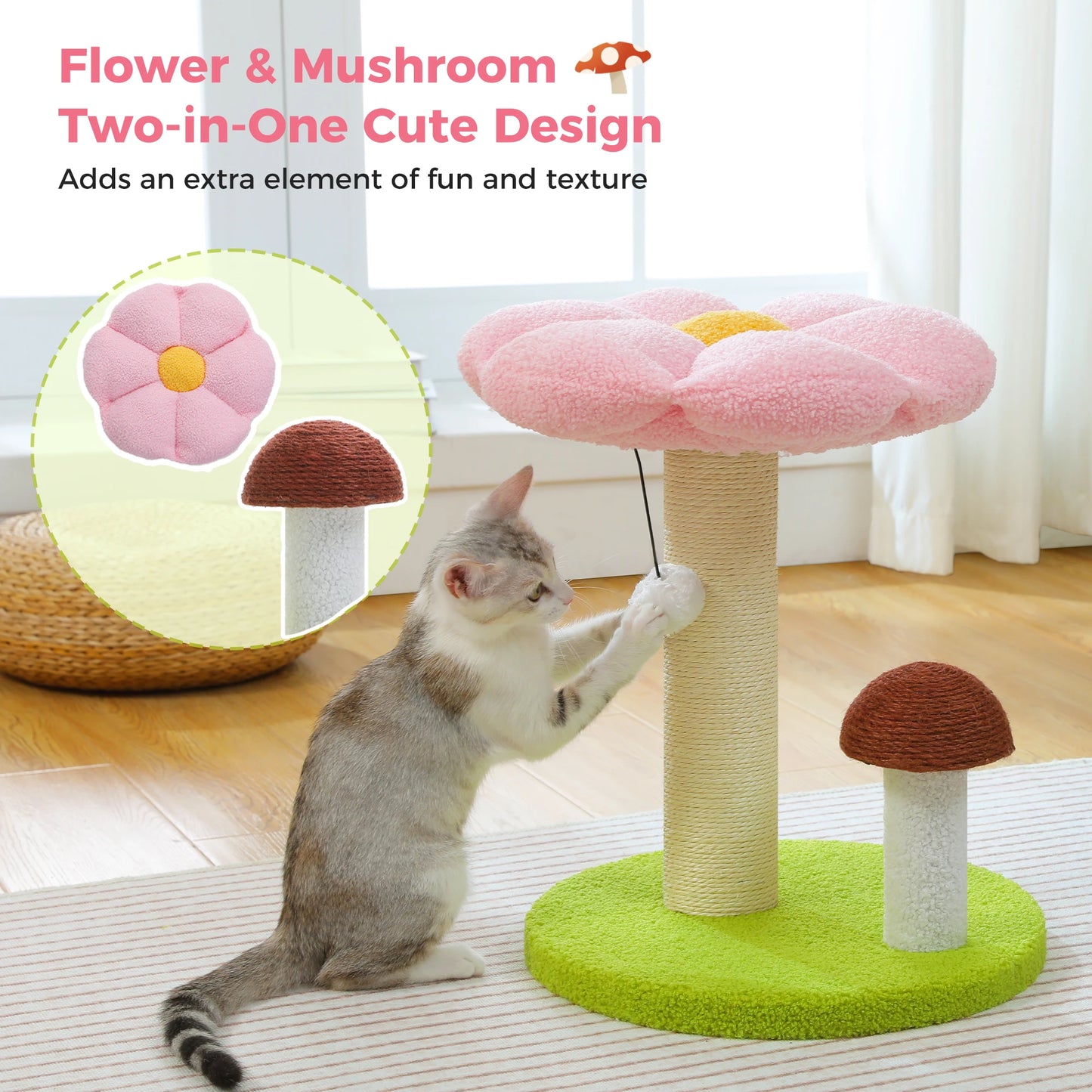 Small Cat Scratching Posts with Removable Flower Cat Bed Interactive Toy Ball Cute Mushroom Cat Scratcher for Indoor Cat Toys