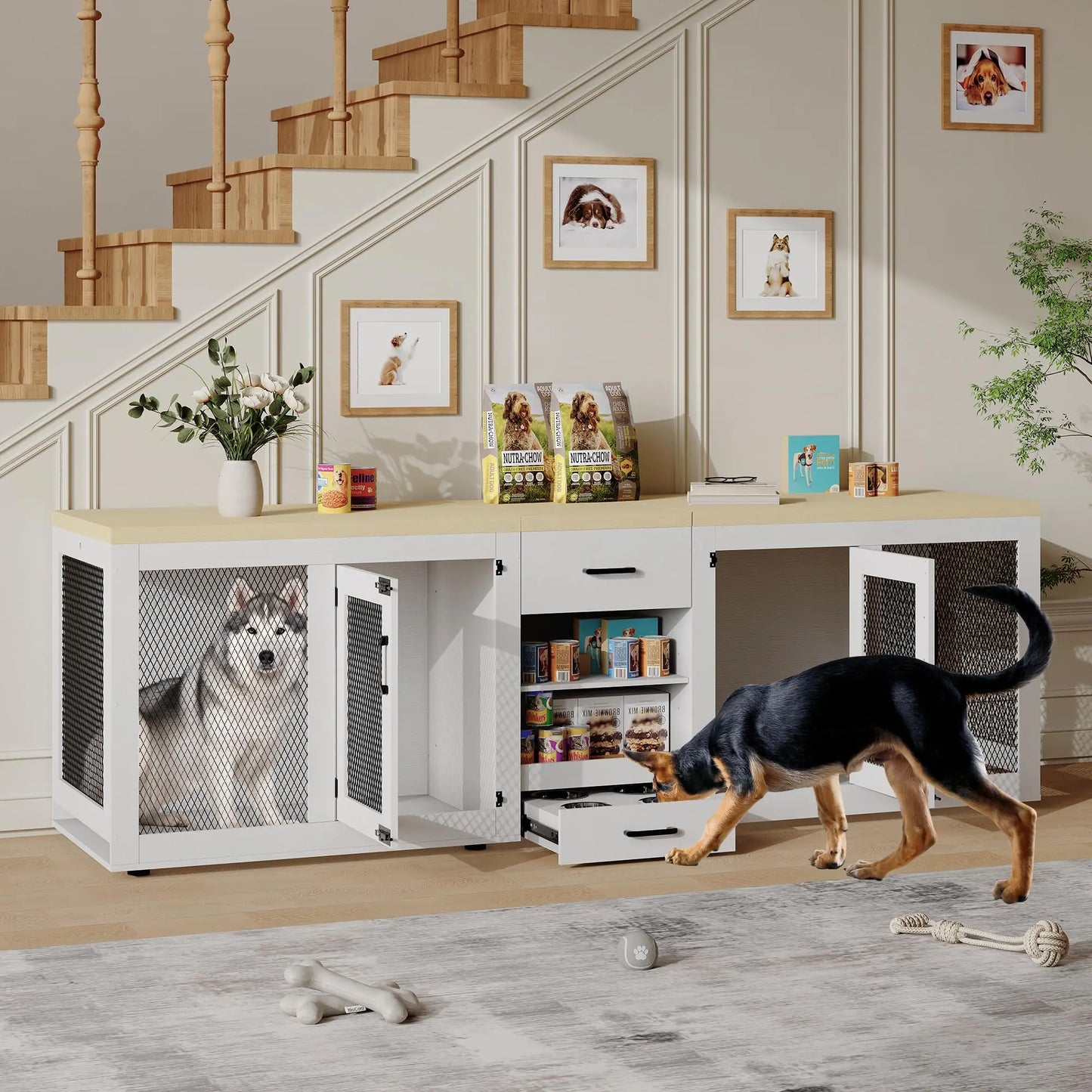 91 Inch Large Double Dog Crate Furniture TV Stand With Feeding Station Storage Heavy Duty Kennel For 2 Dogs