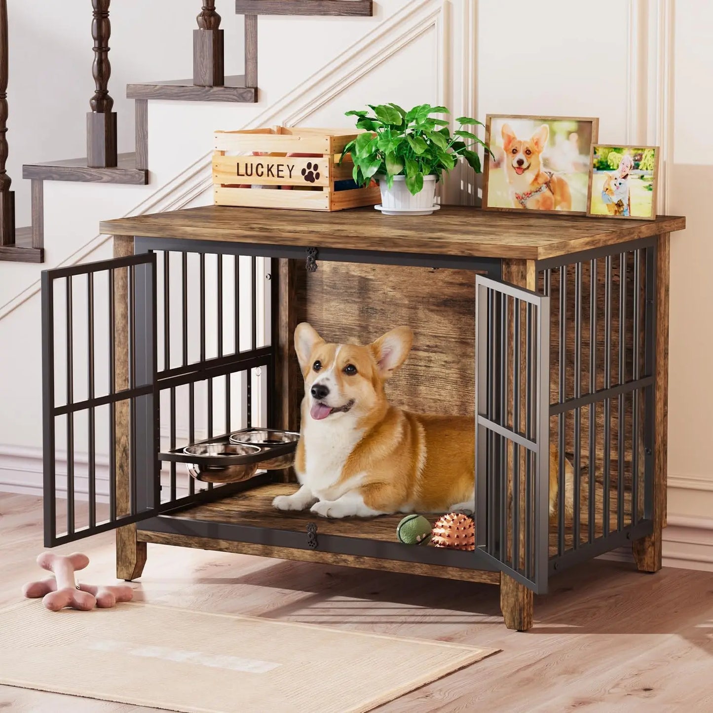 Dog Crate Furniture, 31.5" Wooden Dog Kennel Indoor with 360° Rotating & Adjustable Height Feeder 2 Bowls, Heavy Duty Side