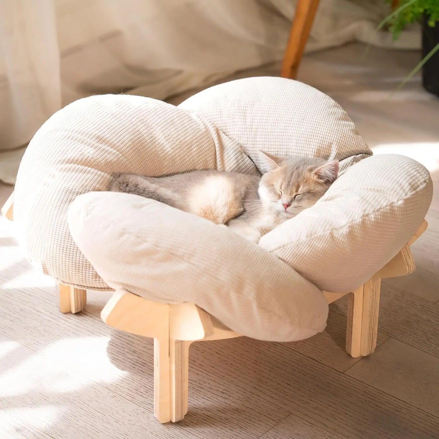 Elevated Cat Bed Wooden with Cushion Fluffy Pet Couch Sofa for Indoor Cats Raised Kitty Lounge Chair Suitable for Puppy, Cat