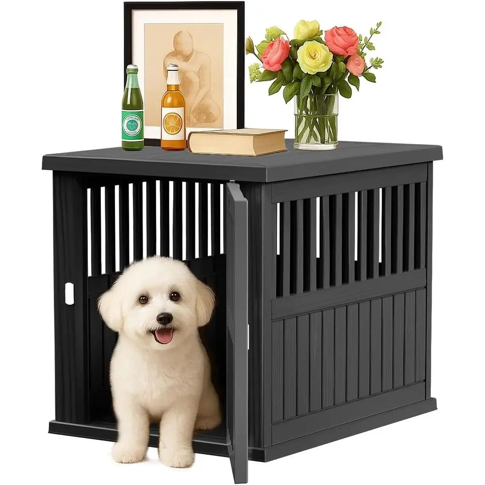 Stylish Resin Dog Crate with Locking Buckle, Multifunctional End Table for Small to Medium Dogs (Black, 29.65x21.34x25.28)