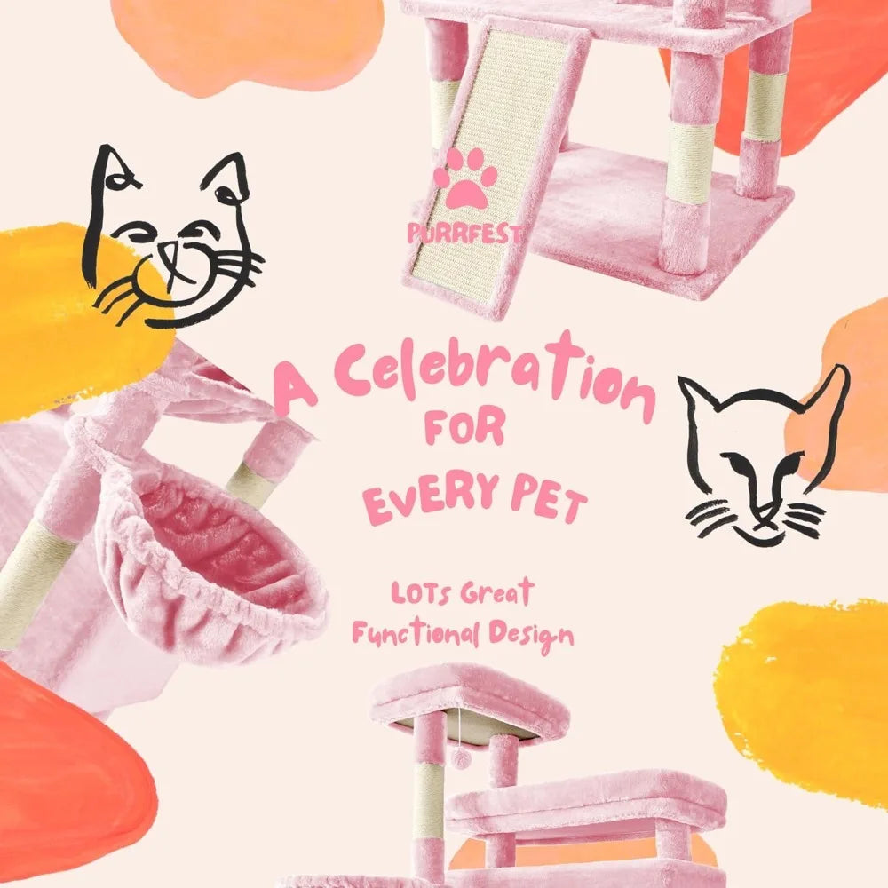 Cat Tree,80-Inch Large Cat Tower with 9 Scratching Posts, 2 Perches Stairs,Extra Large Hammock, Pompoms, M