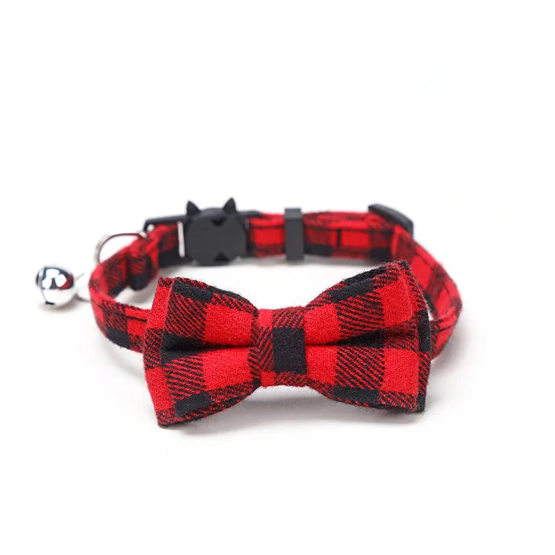Pet Breakaway Cat Collar Bow Tie and Bell Cute Plaid Christmas Red Elastic Adjustable Collar With Sash Small Bell For Cats
