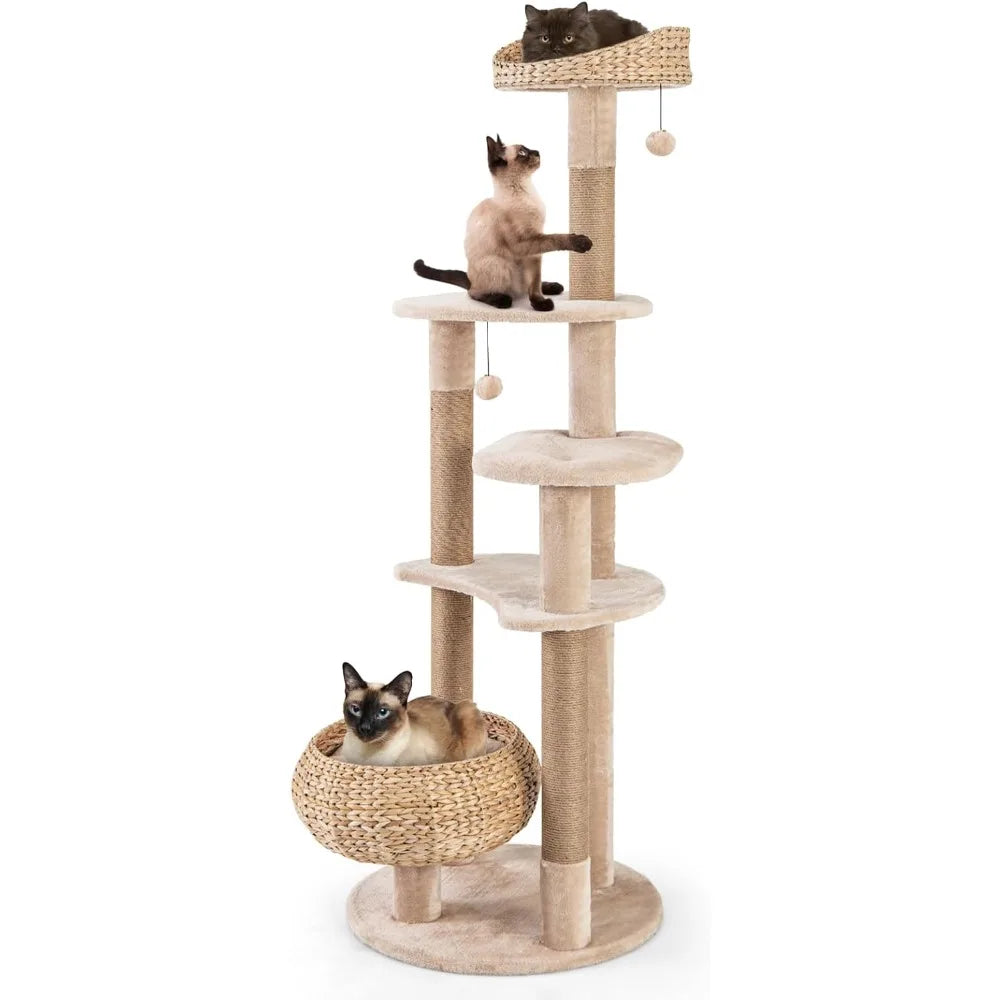 Modern Cat Tree, 65 Inch Tall Cat Tower with Jute Scratching Posts, Dangling Balls, Cattail Basket Bed & Top Perch