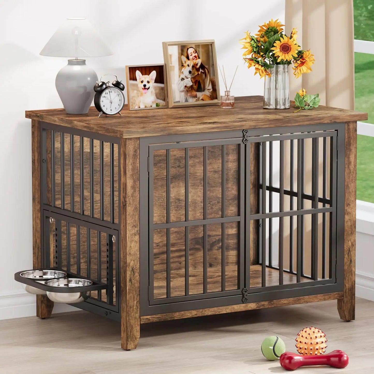 Dog Crate Furniture, 31.5" Wooden Dog Kennel Indoor with 360° Rotating & Adjustable Height Feeder 2 Bowls, Heavy Duty Side