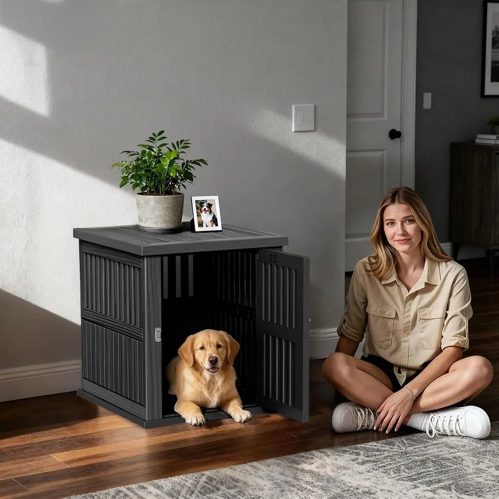 Stylish Resin Dog Crate with Locking Buckle, Multifunctional End Table for Small to Medium Dogs (Black, 29.65x21.34x25.28)