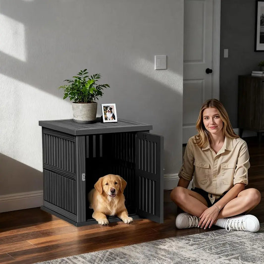 Stylish Resin Dog Crate with Locking Buckle, Multifunctional End Table for Small to Medium Dogs (Black, 29.65x21.34x25.28)