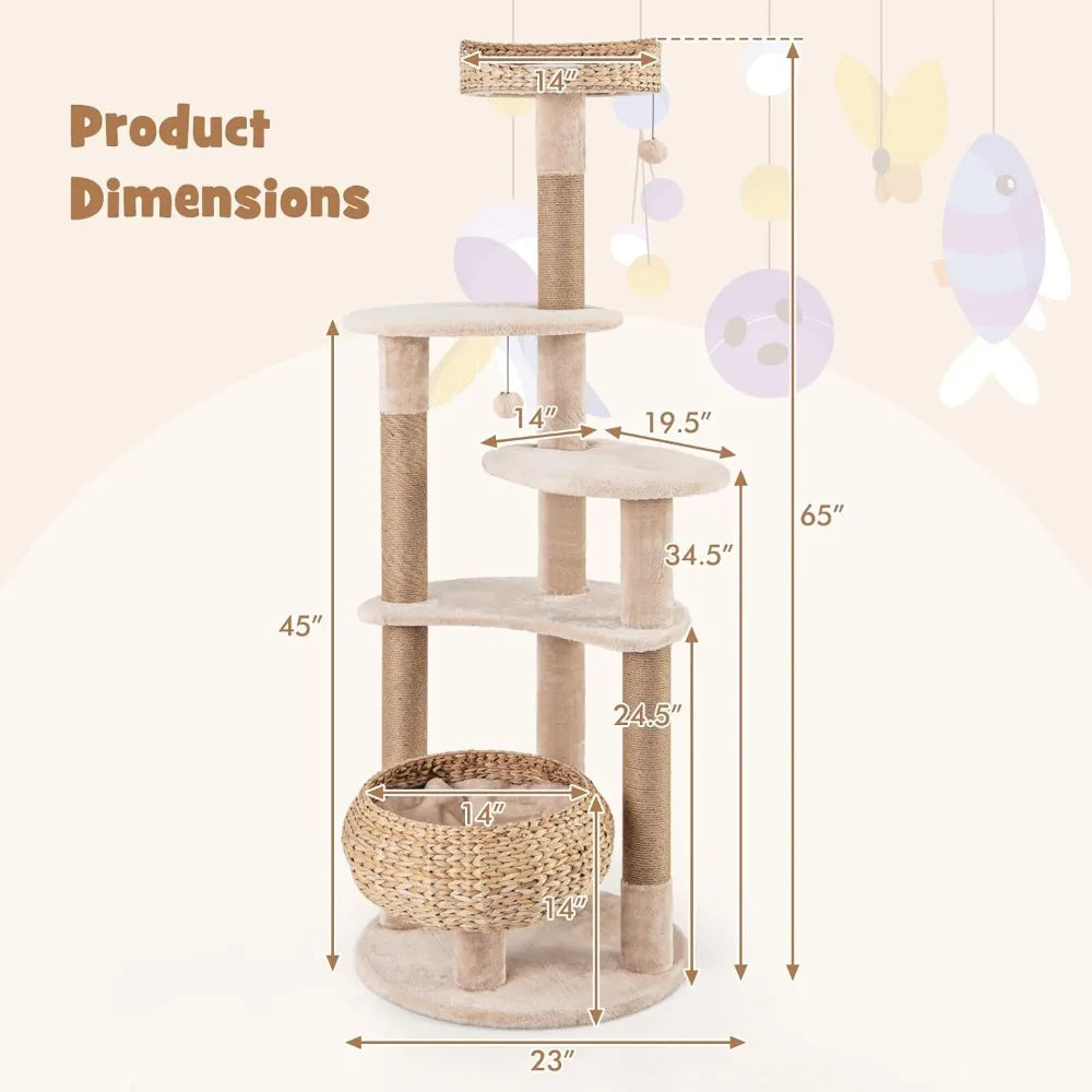 Modern Cat Tree, 65 Inch Tall Cat Tower with Jute Scratching Posts, Dangling Balls, Cattail Basket Bed & Top Perch