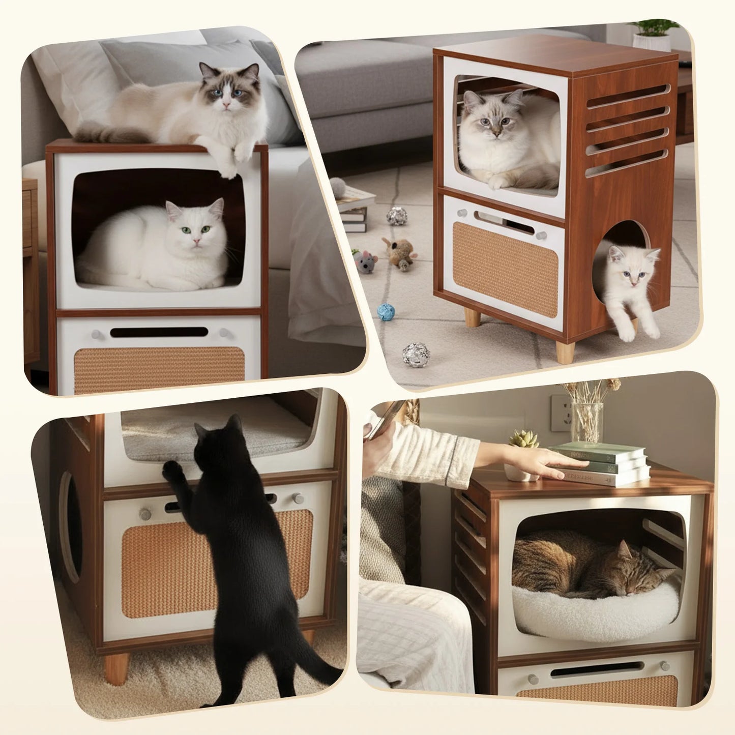 Retro TV-Style Wooden Cat House with Scratching Board Wood Bedside Table 2-In-1 2-Tier Cat Activity Center Gift for Pets