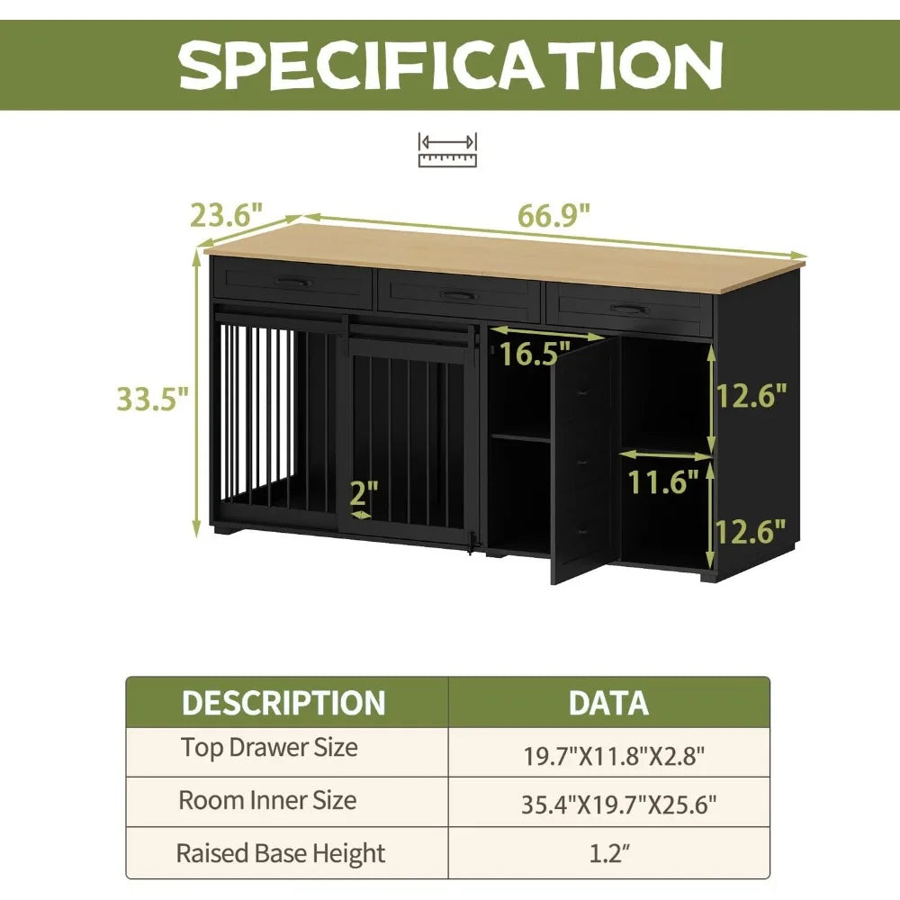 dog crate funiture with storage, 72.4" wooden heavy duty dog kennel table furniture with drawers & shelves, indoor dog house tv