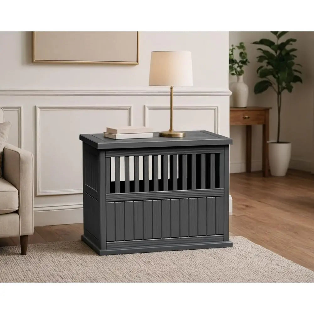 Stylish Resin Dog Crate with Locking Buckle, Multifunctional End Table for Small to Medium Dogs (Black, 29.65x21.34x25.28)