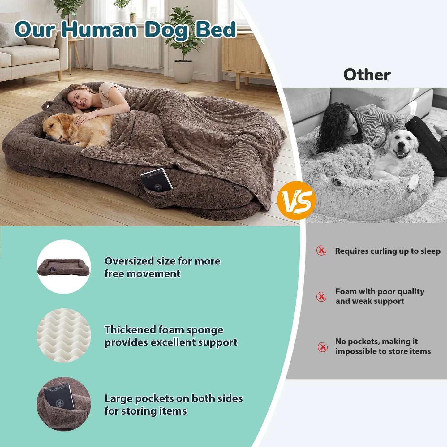 Large Size Human Dog Bed Washable Non Slip Bottom Comfortable Plush Giant Size Dog Bed with Blanket and Pocket for Home