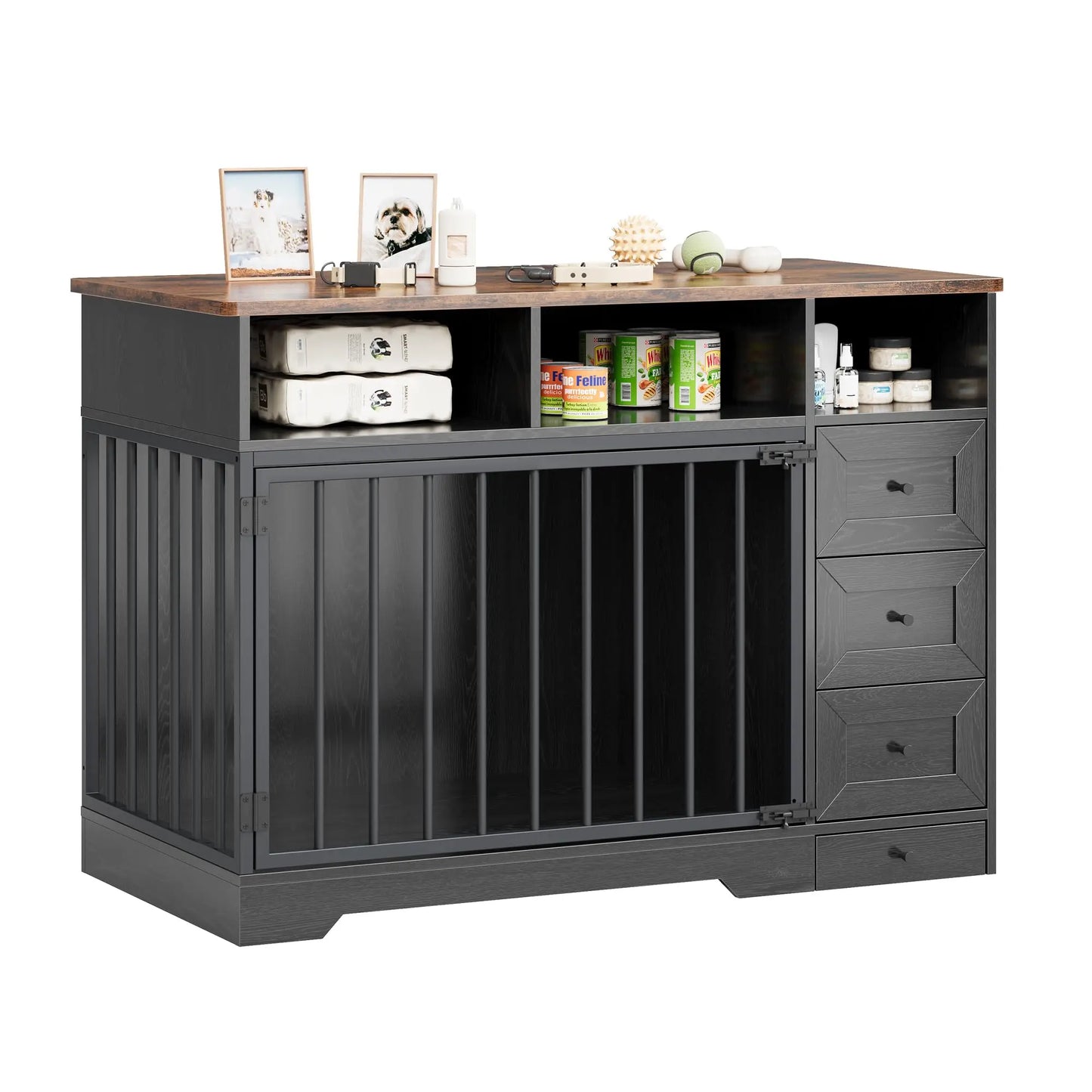 48 Inch Large Farmhouse Wooden Dog Crate Furniture With 6 Storage Drawers Feeding Station Heavy Duty Dog Kennel End Table
