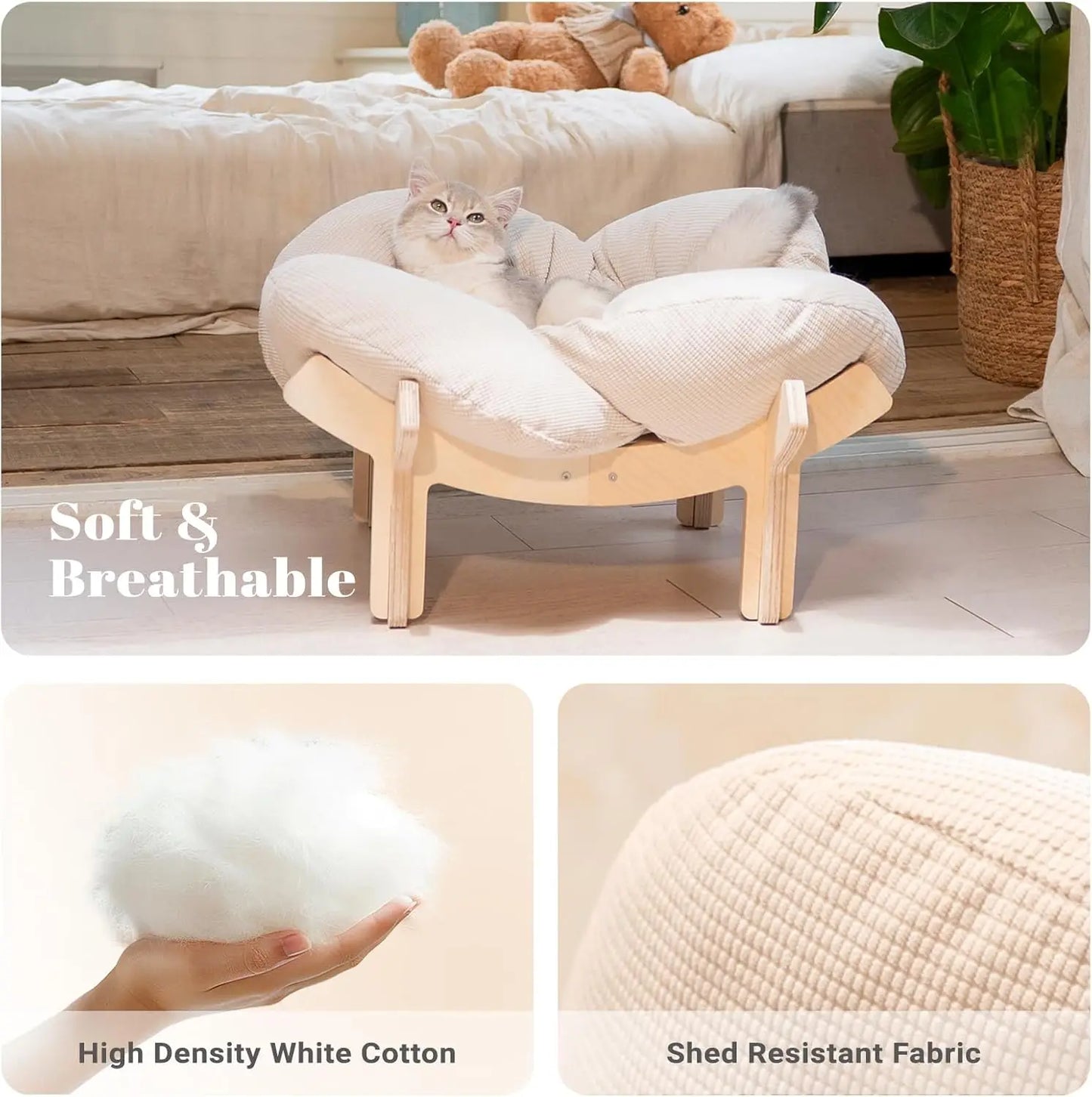 Elevated Cat Bed Wooden with Cushion Fluffy Pet Couch Sofa for Indoor Cats Raised Kitty Lounge Chair Suitable for Puppy, Cat