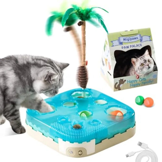 7-in-1 Interactive Cat Toy Motion Activated Indoor Playset with Rechargeable Automatic Pop Bounce Cat Ball Feather Palm Tree Wa