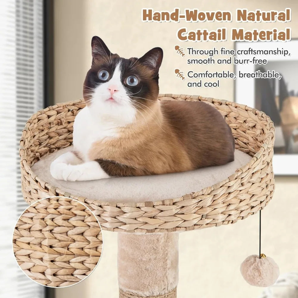 Modern Cat Tree, 65 Inch Tall Cat Tower with Jute Scratching Posts, Dangling Balls, Cattail Basket Bed & Top Perch