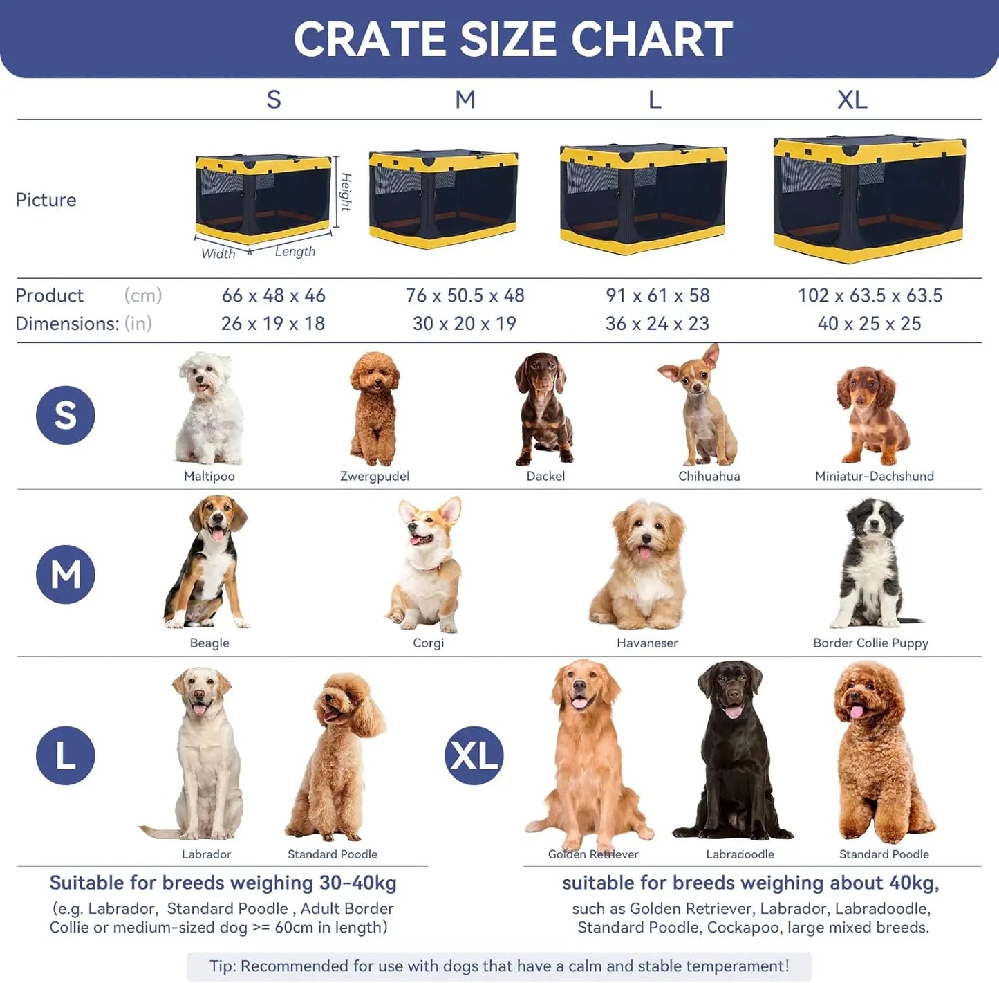 40 Inch Soft Dog Crate for Large Dogs - Portable Travel Kennel with Lockable Zippers, Waterproof Base, Washable Cover