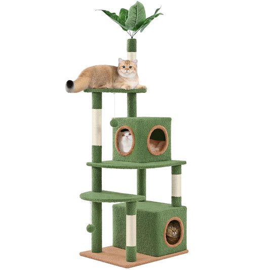 59in Cat Tree, Palm Leaf Cat Tower for Indoor Cats with Green Leaves, Cat Climbing Frame with Fluffy Balls Natural, Customized