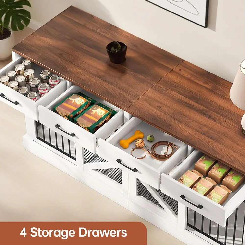 71 Heavy-Duty Indoor Wooden Dog Crate for 1-2 Dogs, Removable Divider & Storage Drawers - Multifunctional Pet Furniture, TV Stan
