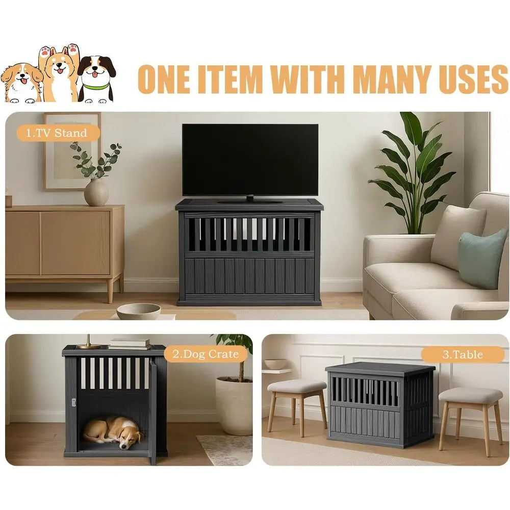 Stylish Resin Dog Crate with Locking Buckle, Multifunctional End Table for Small to Medium Dogs (Black, 29.65x21.34x25.28)