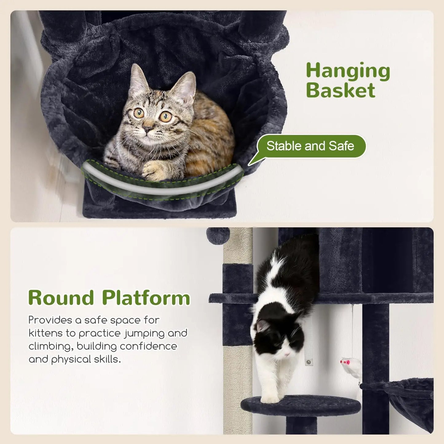 82-Inch Tall Cat Tree Tower for Multiple Adult Cats with Scratching Posts, Perches, Condos and Hanging Baskets, Dark Grey