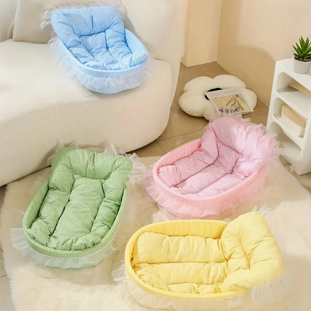 1set Cute Lace-Trimmed Pet Princess Bed For Winter - Soft Polyester Plush Oval for Small Dogs/Cats, Easy Assembly Indoor Use