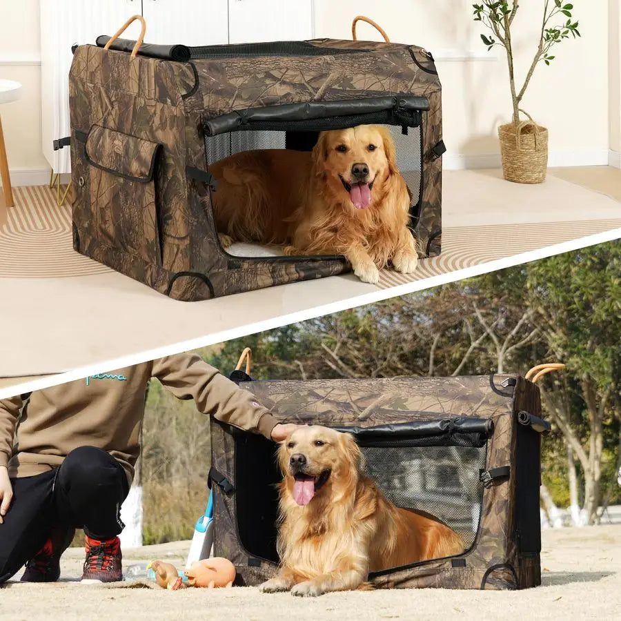 27.5 Inch Collapsible Dog Crate, Portable SoftSided Dog Travel Carrier Camouflage Style Pet Kennel 4Door with Durable Mesh Windo