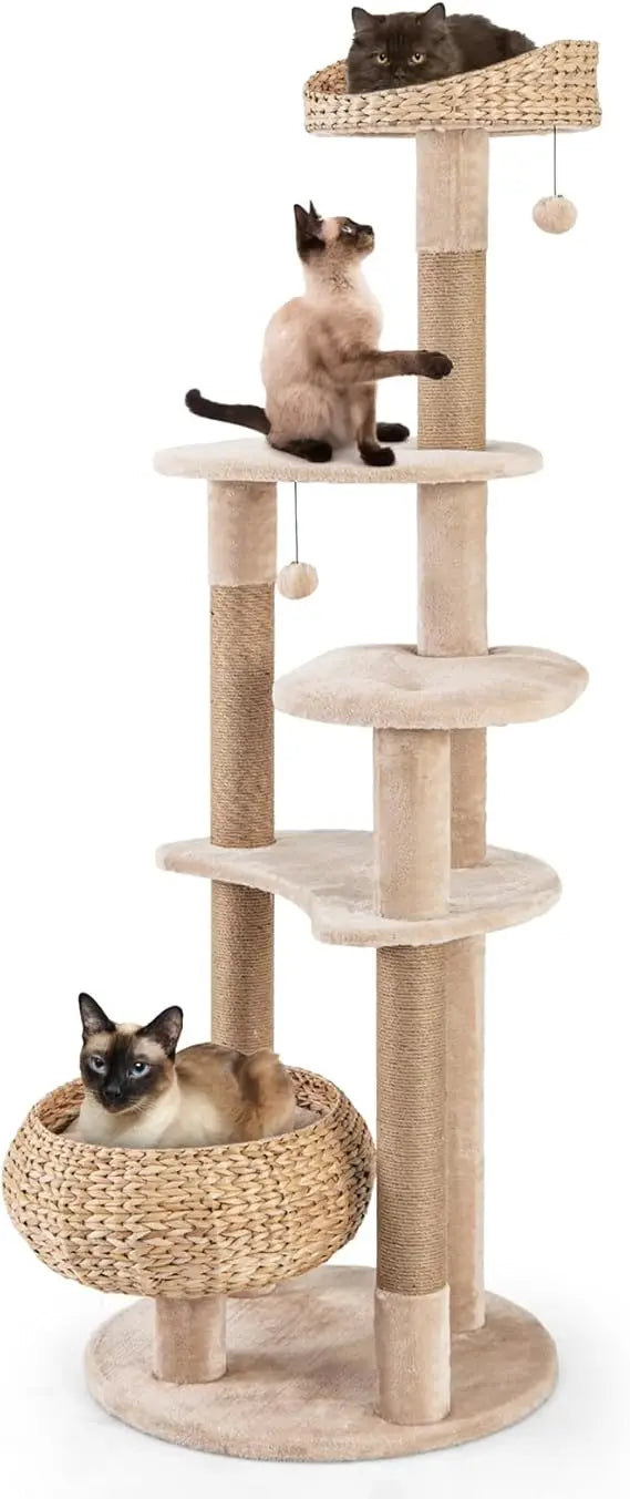 Modern Cat Tree, 65 Inch Tall Cat Tower with Jute Scratching Posts, Dangling Balls, Cattail Basket Bed & Top Perch