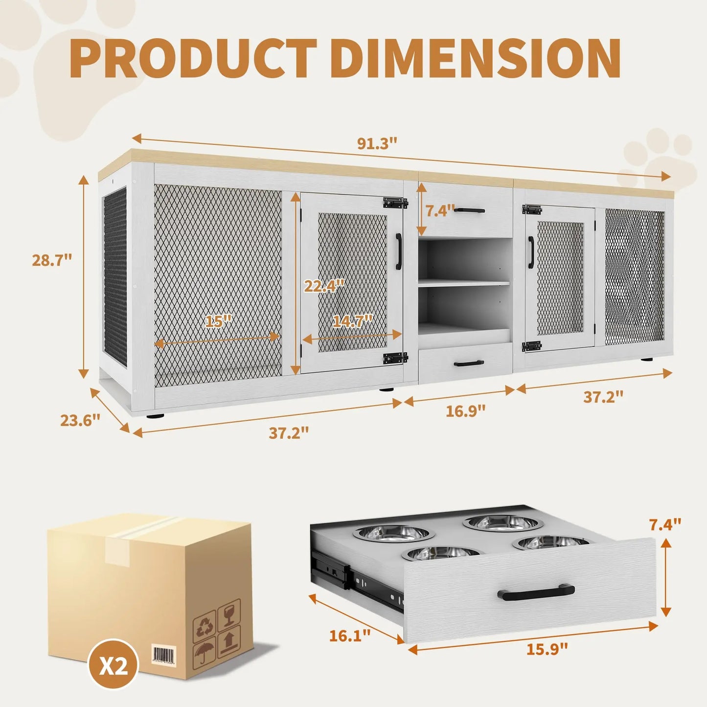91 Inch Large Double Dog Crate Furniture TV Stand With Feeding Station Storage Heavy Duty Kennel For 2 Dogs