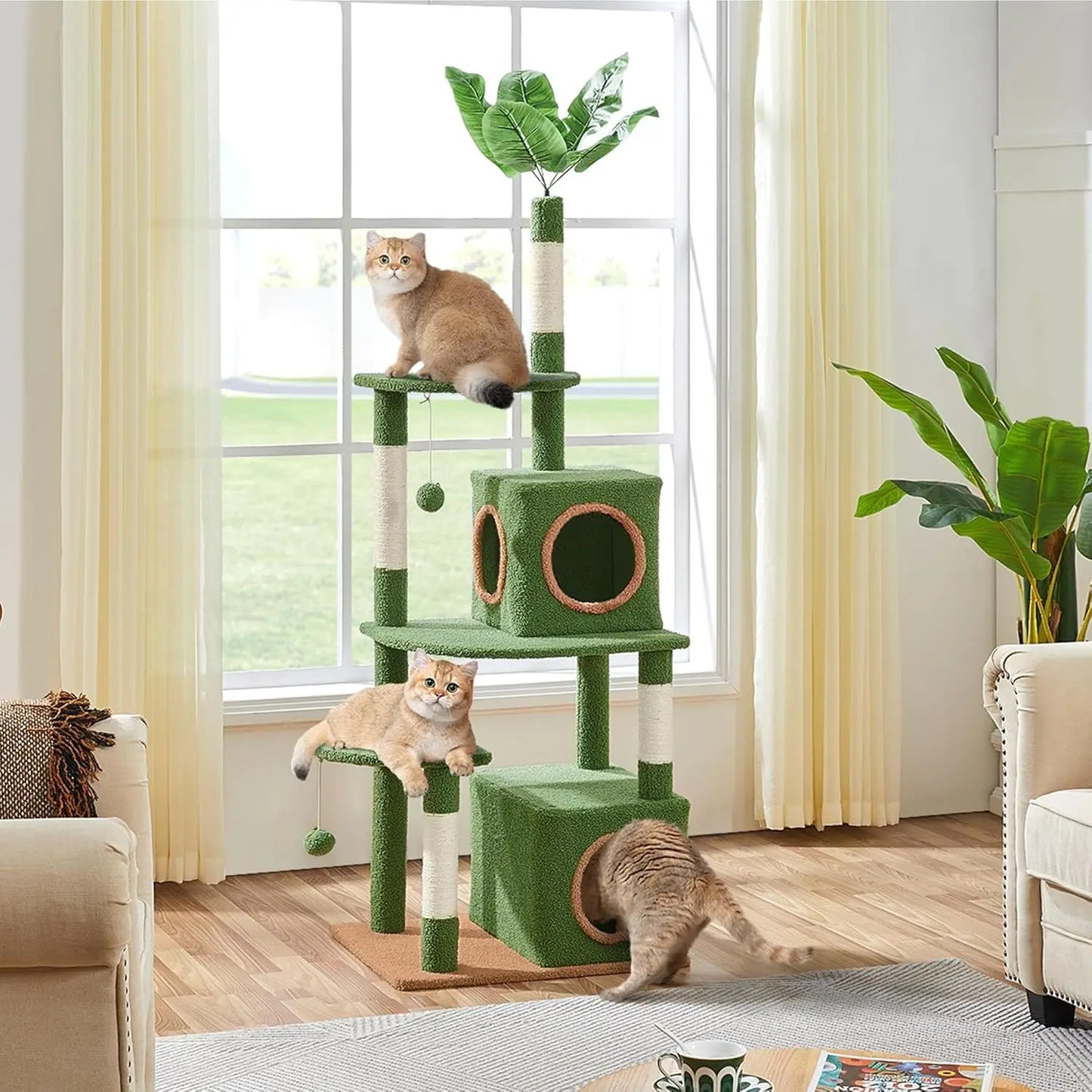59in Cat Tree, Palm Leaf Cat Tower for Indoor Cats with Green Leaves, Cat Climbing Frame with Fluffy Balls Natural, Customized