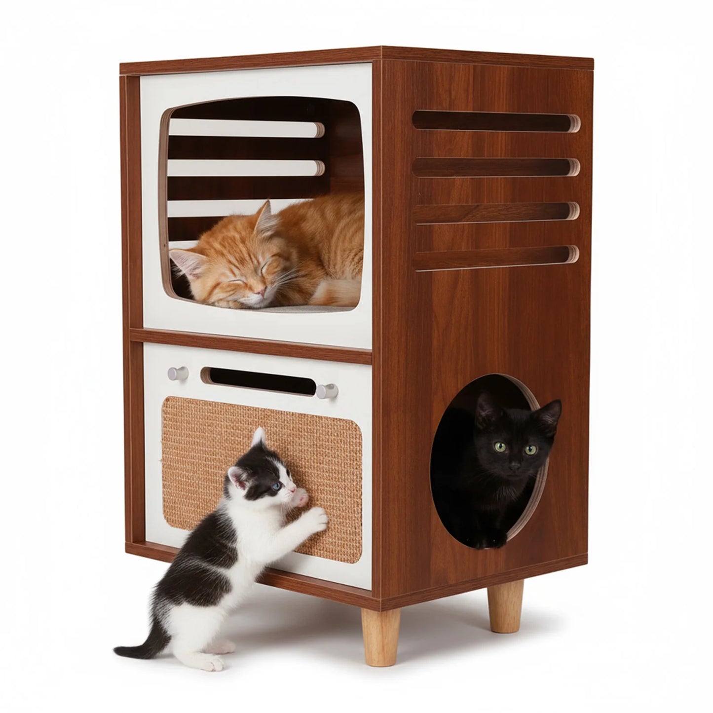 Retro TV-Style Wooden Cat House with Scratching Board Wood Bedside Table 2-In-1 2-Tier Cat Activity Center Gift for Pets