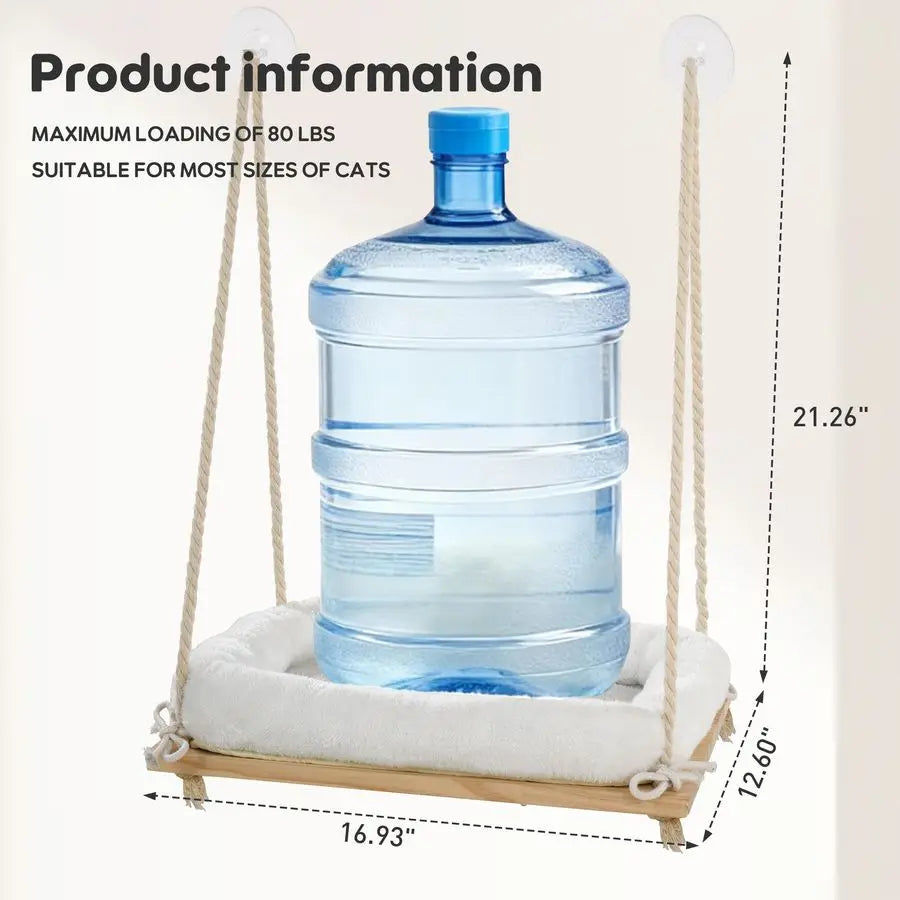 Window Perch, Rustic Cat Hammock Bed with Solid Wood Seat 4 Heavy Duty Suction Cups, Plush Cushion, Indoor Pet Window Hammock fo