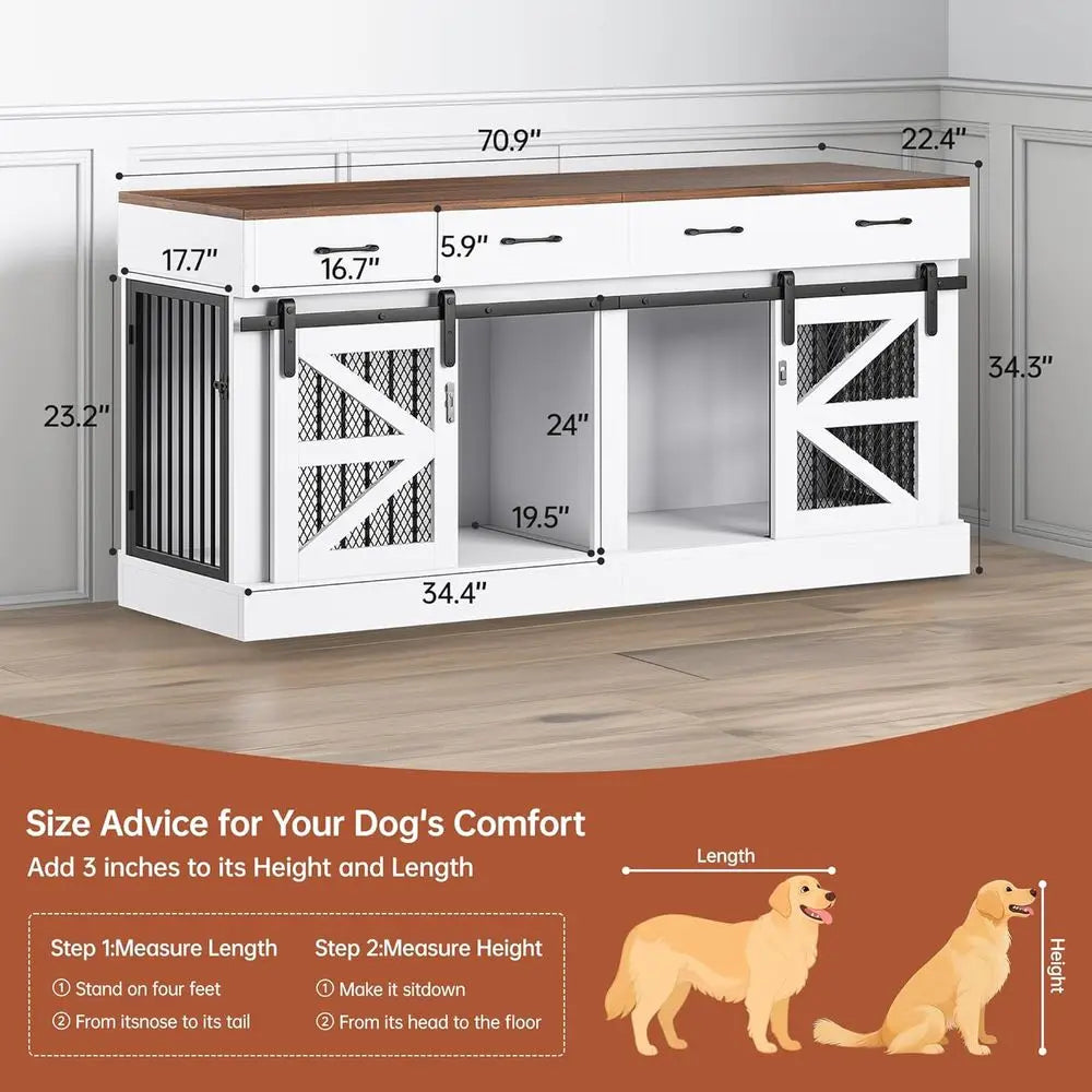 71 Heavy-Duty Indoor Wooden Dog Crate for 1-2 Dogs, Removable Divider & Storage Drawers - Multifunctional Pet Furniture, TV Stan