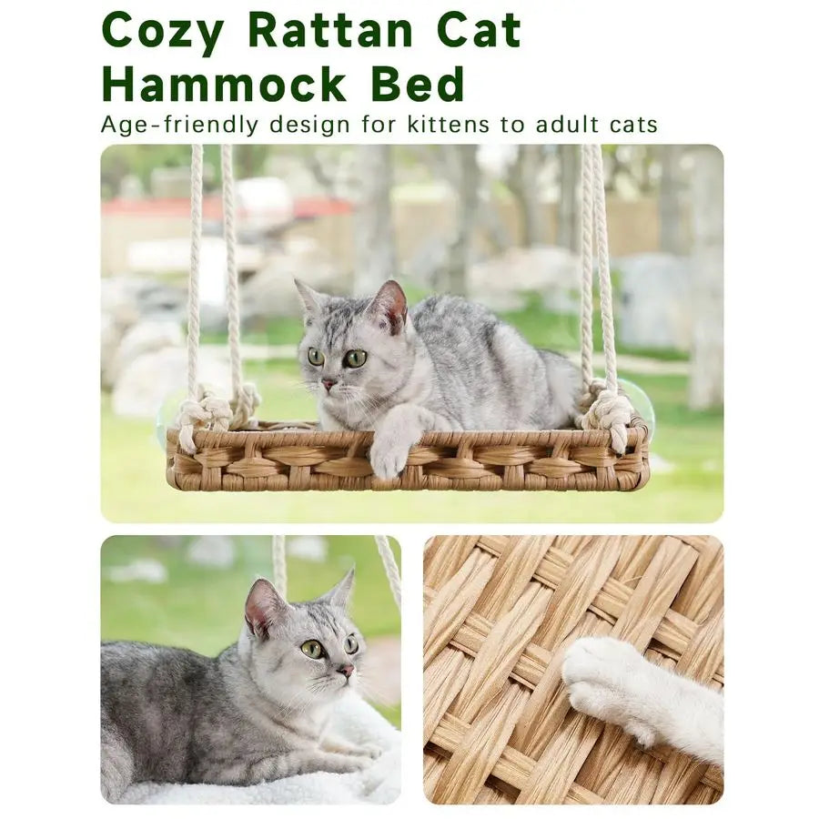 Window Perch Cat Window Hammock Bed for Indoor Cats, Large Handwoven PE Rattan Window Seat, 4 Suction Cups, Double Sided Washabl