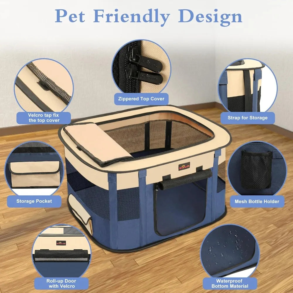 Foldable Dog Playpen Portable Pet Cage for Small Animals Indoor Outdoor Travel Camping Use with Carrying Case Blue