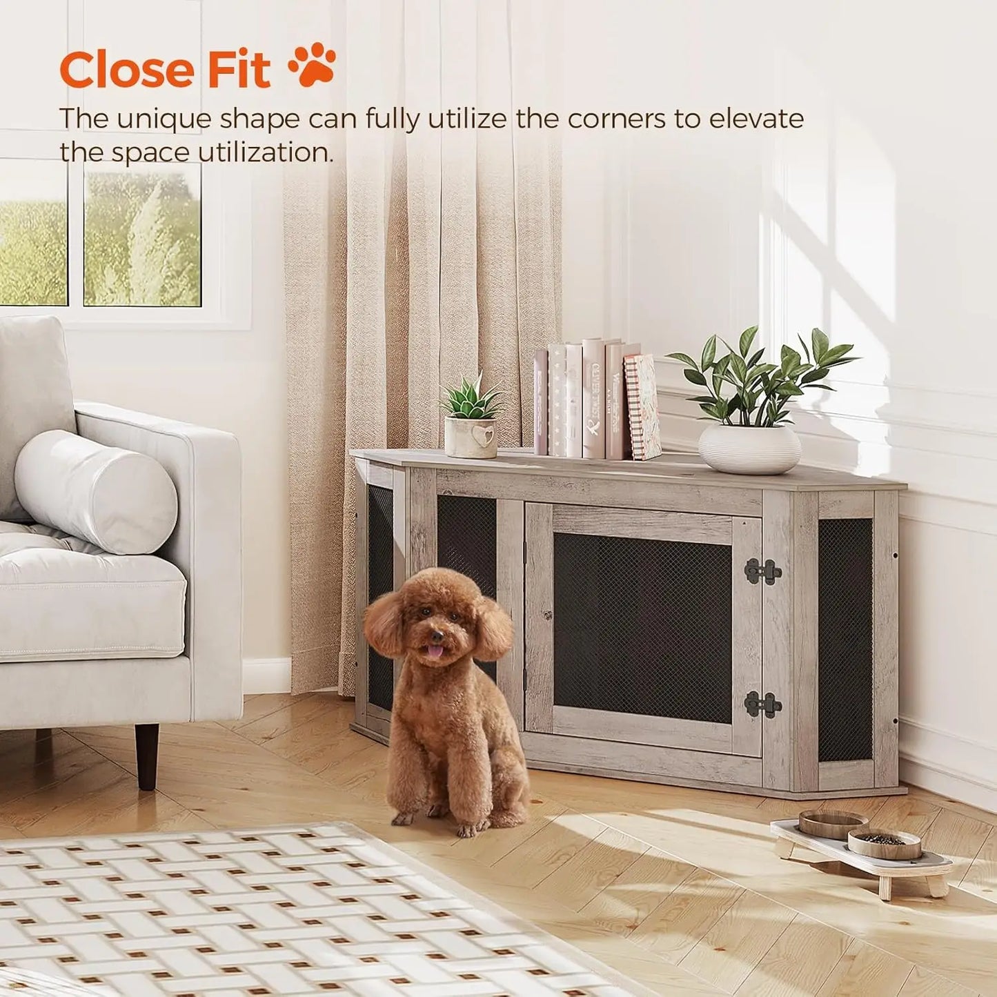 Corner Dog Crate Furniture, Wooden Kennel End Table for Small Medium Dogs, Decorative Pet Cage Indoor Use, Greige Black