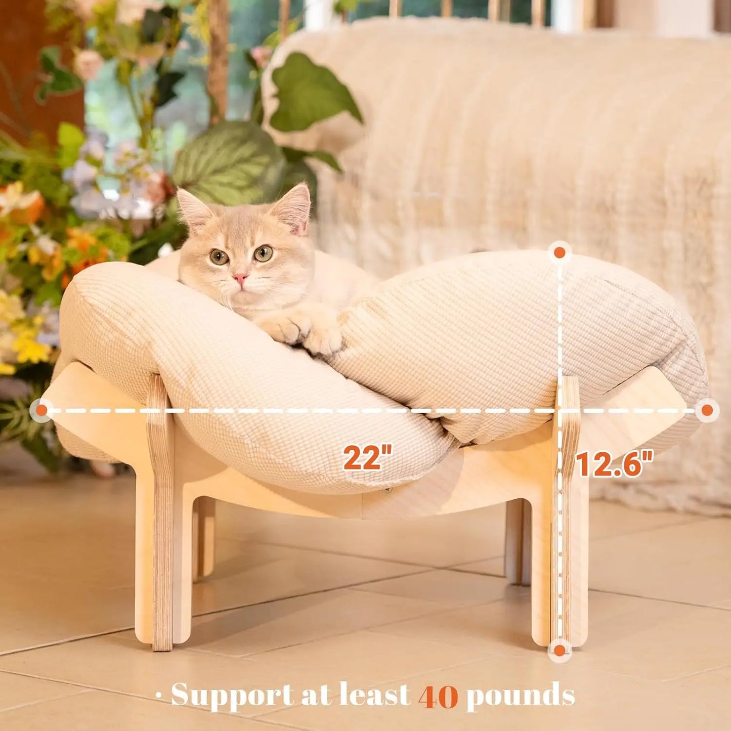 Elevated Cat Bed Wooden with Cushion Fluffy Pet Couch Sofa for Indoor Cats Raised Kitty Lounge Chair Suitable for Puppy, Cat