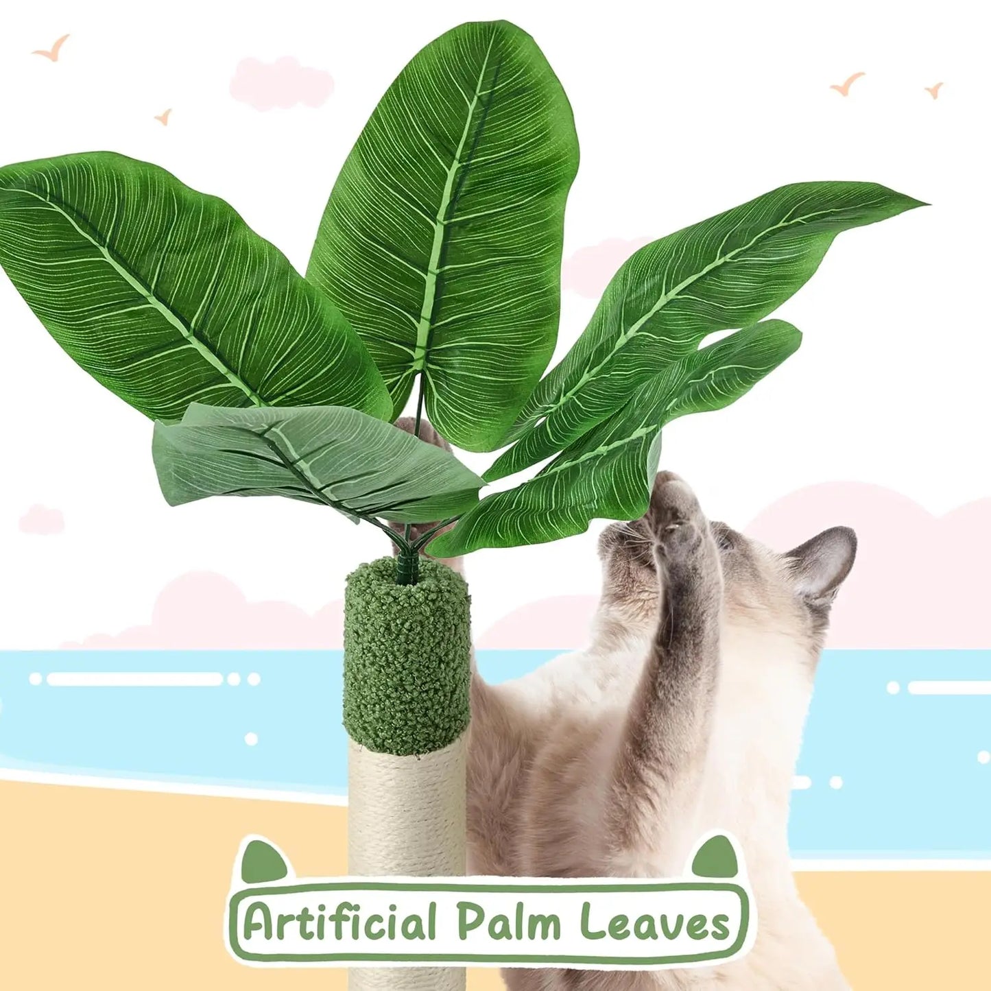 59in Cat Tree, Palm Leaf Cat Tower for Indoor Cats with Green Leaves, Cat Climbing Frame with Fluffy Balls Natural, Customized